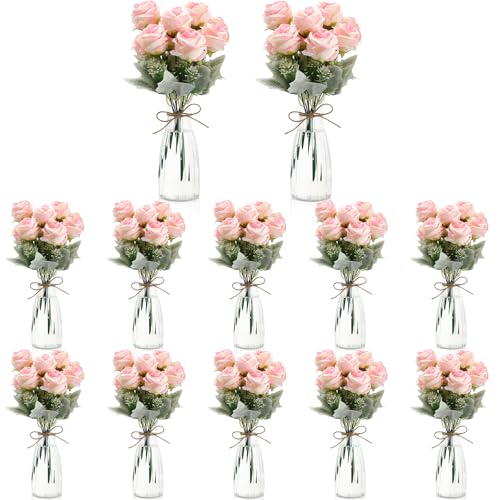 Zeyune 36 Pack Artificial Flowers Centerpiece with Vase Bulk for Wedding Table 24 Bundles Silk Floral Faux Rose Bouquet with 12 Plastic Vase for Bridal Shower Table Decor(Light Pink) - color: Light Pink