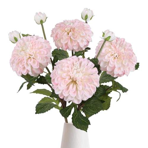IPOPU 4pcs Artificial Dahlia Flowers Realistic Dahlia Silk Flowers 29" Long Stem Faux Flowers with Buds for Tall Vase DIY Bouquet Home Wedding Decor (Blush Pink) - color: Flesh Pink