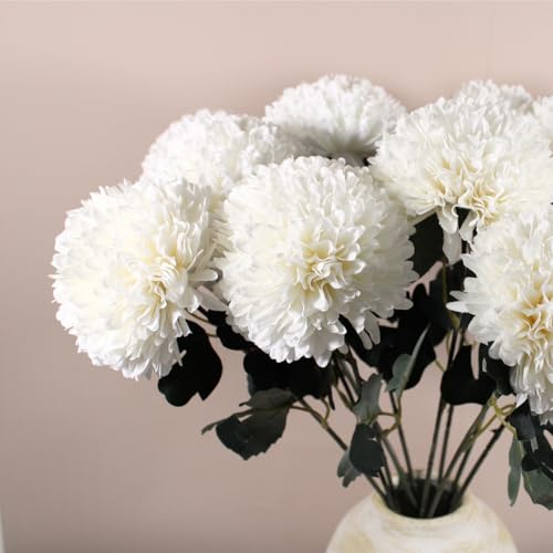 Large Faux Kiku Flower White - 10 Stems, Bulk Silk Flowers For Home Decor Indoor, Realistic Artificial Flowers, Fake White Flowers, Real Touch Flowers, Flores Artificiales Para Centro De Mesa - color: White Large