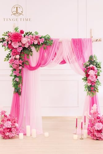 TINGE TIME Wedding Arch Flowers Kit - Deluxe 5pcs Artificial Floral Swag with 3 Sheer Drapes, Realistic Silk Flower Arrangements for Wedding Ceremony Arbor Backdrop Reception Party Home Decor - color: Hot Pink
