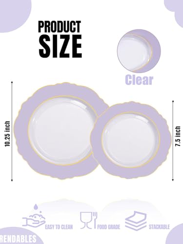 WDF 60pcs Clear Purple Plates Disposable with Gold Rim - Baroque Lavender Purple Plastic Plates for Party/Wedding/Spring/Picnic - color: Purple and Gold, size: 60PCS