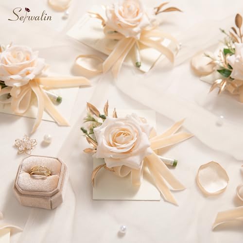 Serwalin 6 Pcs Champagne Boutonniere for Men Wedding, Groom and Best Man Boutonniere with Silk Rose Ceremony Anniversary Formal Dinner Party Artificial Flowers Prom Suit Decorations - color: Champagne, size: Boutonniere 6pcs