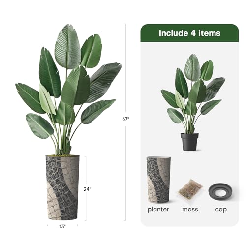 Artificial Tree in Geometric Pattern Planter, Fake Bird of Paradise Silk Tree for Indoor and Outdoor Home Decoration - 67" Overall Tall (Plant Pot Plus Tree) - style: Bird of Paradise