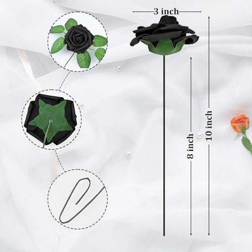 9 Pcs Artificial Flowers Fake Rose with Stems - Black Real Touch Foam Roses for DIY Wedding Bouquet Bridal Shower Cake Toppers Centerpiece Table Valentines Day Supplies Decorations - color: Black, size: 9Pcs