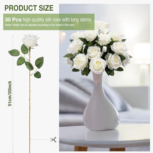 Thiccywoov 30 Pcs Rose Artificial Flowers in Bulk Lifelike Long Stem Silk Roses Bouquets Realistic Faux Flowers for Wedding Bridal Shower Home Decor Floral Arrangements Table Centerpiece(White) - color: White