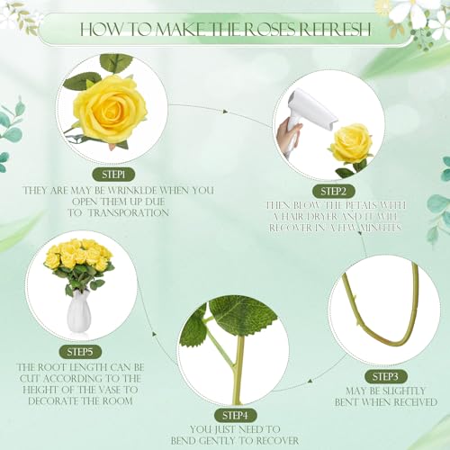 Hotop 80 Pcs Rose Artificial Flowers Bulk with Long Stem, Silk Roses Realistic Fake Flowers Bouquet for Wedding Table Centerpieces Bridal Shower Party Home Decorations(Yellow) - color: Yellow