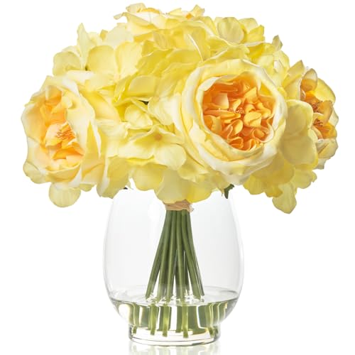 WELL KNOWN Artificial Austin Roses and Hydrangea Petals, 11.5" H Silk Roses Flower Bouquet with Fake Water in Glass Vase, Faux Peony for Home Decor, Table Decor, Weddings, Gift (Yellow) - color: Yellow