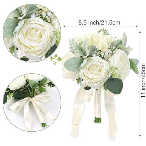 Wedding Bouquets for Bride Bridesmaid 8.5 Inch Ivory White Artificial Roses Flowers Bridal Bouquets for Bride Wedding Marriage Proposal Party Church Decoration - color: Ivory White