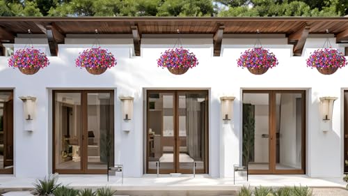 Artificial Hanging Flowers with Basket for Outdoor Spring Summer Decoration, Fake Daisy Flower Arrangement,Faux Plants in 12 inch Coconut Lining Basket for Outside Garden Porch Deck(Plum Purple) - color: Plum Purple