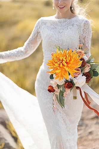 Briful 6 Pcs Orange Artificial Mums for Outdoors Fall – 25.6’’ Long Stem Faux Chrysanthemums, Large 6’’ Silk Fall Flowers for Wedding Bouquets, Centerpieces, Porch Décor, Indoor Home Decoration - color: Orange