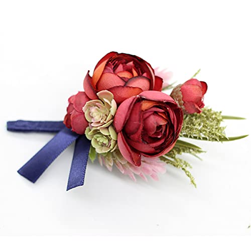 Corsage and Boutonniere Set, Handmade Artificial Peony Rose Wrist Corsage Wristlet and Groom Boutonniere for Men Wedding Prom Suit Decorations (Burgundy Red Navy Blue) - color: Burgundy Red Navy Blue