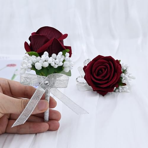 2Pcs Burgundy Rose Corsage and Boutonniere Set, Artificial Wrist Corsage Wristlet Bracelets, Men Boutonniere for Wedding Party Formal Dinner Flowers Accessories Prom Decorations - color: Burgundy