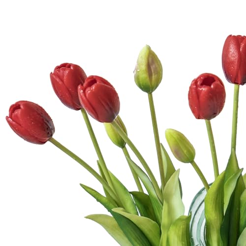 DUYONE 15Pcs Artificial Tulips Flowers, Soft Touch Realistic Latex Tulips Bouquet for Home Office Wedding Party Garden Decor, Fake Flowers for Centerpieces Dining Table Living Room Spring-B Red - color: B Style-15pcs Red (No Vase)