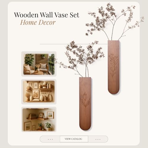 Wood Wall Vase Set of 2, 11.6 x 2.52 x 1.37 inch for Dried Flowers and Faux Greenery Plants for Bathroom,Kitchen,Farmhouse,Dining Room Wall Decor （Brown - color: Brown