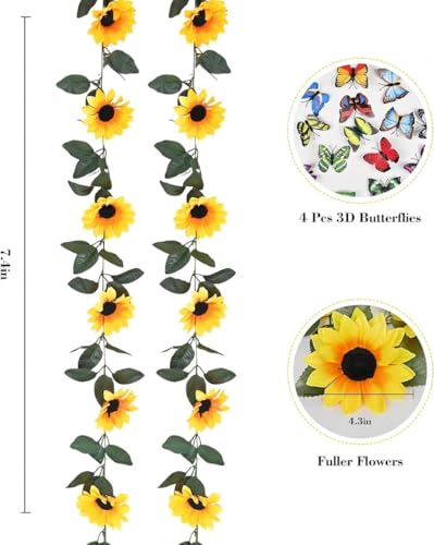 BLEUM CADE 4 Pack 30Ft Artificial Sunflower Garland Vines with 3D Butterfly, Fake Sunflowers Decor for Wedding Baby Shower Birthday Party Decorations, Yellow Flower Garland for Kitchen Bathroom Decor - color: Yellow, size: 4 Pc
