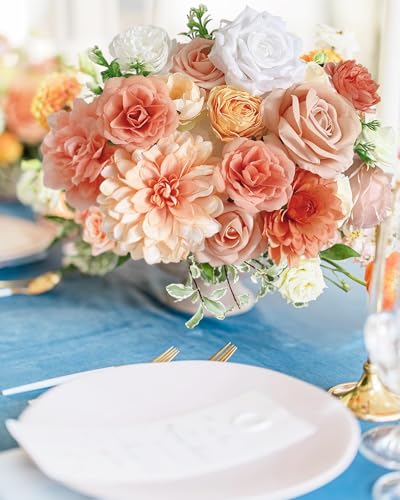 FACINOC Roses Artificial Flowers Orange Fake Flower with Stems for DIY Wedding Bouquets Bridal Baby Shower Centerpiece Table Decorations Silk Faux Floral Arrangements for Party Home Decor Indoor Peach - color: Orange Peach Flowers