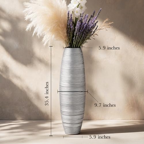 Large Floor Vase 35.4" Silver Metallic, Resin Wide-Body Vase with Horizontal Ribbed Texture for Dried Pampas Grass Branches, Modern Home Decor for Living Room Corner Entryway - color: Silver, size: 35.43 in