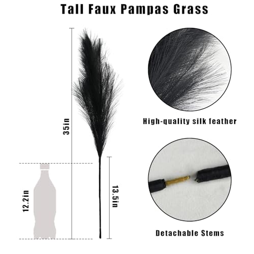 obbsie 35" Faux Pampas Grass Decor, 8pcs Large Tall Fluffy Artificial Pompous Grass Branches Floral Fake Pompas Grass Bulrush Floor Vase Filler Flower Arrangement for Home Wedding Boho Decor Black - color: Black, size: 8 PCS