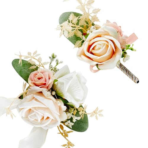 SITUMEIZI 2Pcs Champagne Corsage and Boutonniere Set Wrist Corsage Bracelets and Boutonniere for Men Wedding Prom Party Suit Decor - color: Champagne