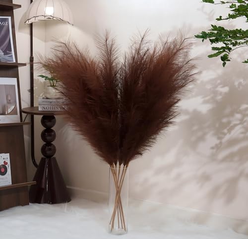 Premium Faux Brown Pampas Grass – 43.3" Tall Fluffy Decor, 8pcs 18-Branch One-Piece Stems No Assembly, Luxury Silk-Feel Feather Flowers for Boho Rustic Modern Home Decor (Cocoa Brown, 8 Stems / 110cm) - color: Faux Brown, size: 8pcs 43.3"(110cm)