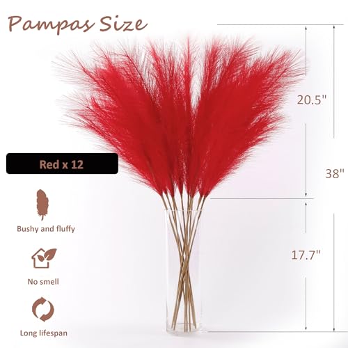 12 Pcs Red Faux Pampas Grass Decor 38"/3.1FT Tall Fake Pompas Floral Large Artificial Pompous Grass Branches Plants for Floor Vase Filler Home Boho Decoration - color: Red
