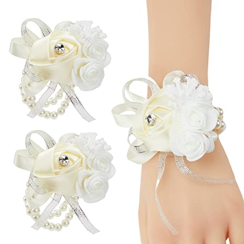2pcs Beige-White Wedding Wrist Corsages Faux Silk Rose for Women | with Pearls for Brides, Bridesmaids, the Mother of the Bride, Prom, Homecoming, and Evening Party - color: 2pcs Beige Wrist Corsages