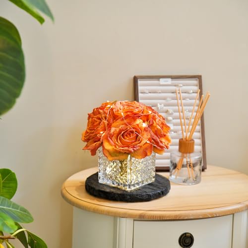 Artificial Rose in Glass Vase Vintage Silk Flower Arrangement with LED Light for Table Centerpiece Home Wedding Decoration (Orange) - color: Orange