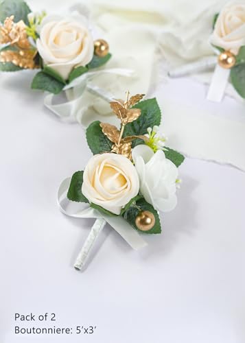 Set of 2 Ivory Rose Boutonniere for MenWedding, Groom Groomsman Artificial Flowers for Wedding Anniversary Celebration,Prom,Party,Home Decoratio (Ivory) - color: Ivory