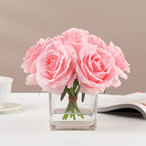 7 Large Stem Pink Rose Artificial Flowers in Vase, Fake Rose with Fake Flowers in Vase for Home Decor, Wedding Table (Pink) - color: Pink
