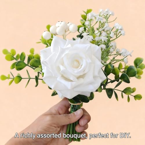 Garvee 6 Pcs Artificial Flowers in Vase, Lifelike Fake Rose Eucalyptus Leaves & Baby Breath, Faux Flower Arrangements for Wedding Bride Bouquets Home Kitchen Table Decorations, White
