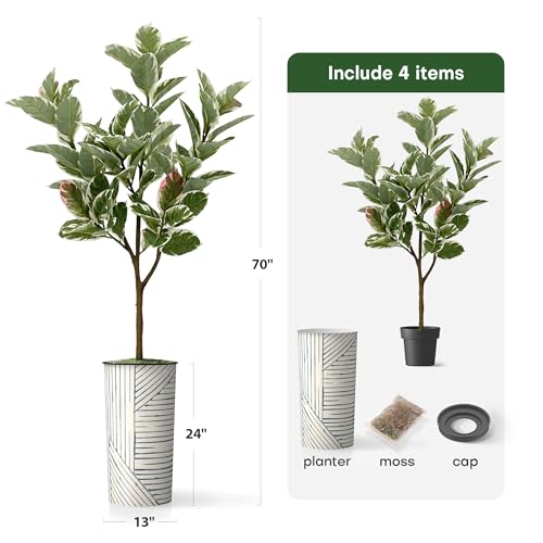 Artificial Tree in Geometric Pattern Planter, Fake Rubber Silk Tree for Indoor and Outdoor Home Decoration - 70" Overall Tall (Plant Pot Plus Tree) - style: Rubber