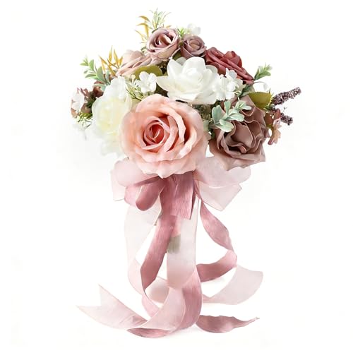 8.6in Artificial Wedding Bridal Bouquet - Blush Pink Rose Floral Arrangement for Bride, Bridesmaid, Wedding Toss, Ceremony & Home Decor (Blush Pink) - color: Blush Pink