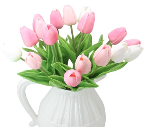 Artificial Flowers 10 Heads Mini Real Touch Artificial Tulip Multicolor Bouquet for Home Wedding Party Centerpiece Decoration (Pink&White&Light Pink) - color: Pink&white&light Pink