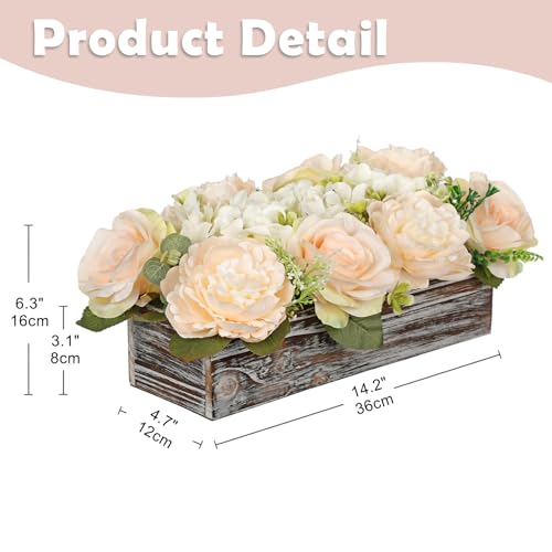 DILATATA Flower Arrangement with Wooden Vase 14" Artificial Flowers in Pot - Fake Flowers Roses Peonies Hydrangeas in Wooden Vase Potted Flower Centerpieces for Table Decor Living Room - Pale Yellow - color: 14"l Pale Yellow