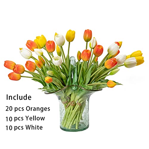 DUYONE 40Pcs Artificial Tulips Flowers, Soft Touch Realistic Latex Tulips Bouquet for Home Office Wedding Party Garden Decor, Fake Flowers for Centerpieces Dining Table Living Room Spring(Orange Set) - color: A Style-40pcs Orange Set(no Vase)