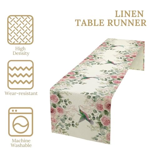 Hummingbird Floral Table Runner,Pink Rose Eucalyptus Green Leaves Nature Plant Table Runner for Holiday Kitchen Living Room Home Party Decor 13x36 Inch - color: Hummingbird-2, size: 13x36in