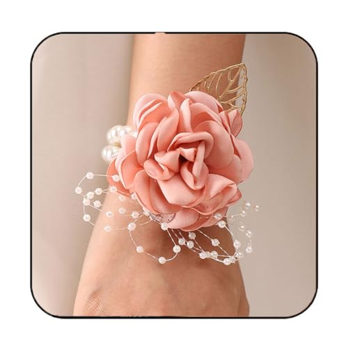 Wedding Bride Rose Wrist Corsage Pink Bridesmaids Silk Wrist Flower Flowergirl Hand Floral Decor Bridal Prom Party Accessories for Women and Girls (Pink) - color: Pink