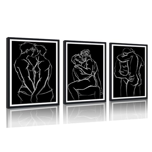 Black and White Gay Lover Canvas Wall Art 3 Panels Nude Man Line Posters Minimalist Male Couple Prints Artwork Wall Decor for Living Room Bedroom Bathroom Hotel Framed Ready to Hang 16x24inchx3pcs - color: Art02, size: 16x24x3Pcs Black Framed