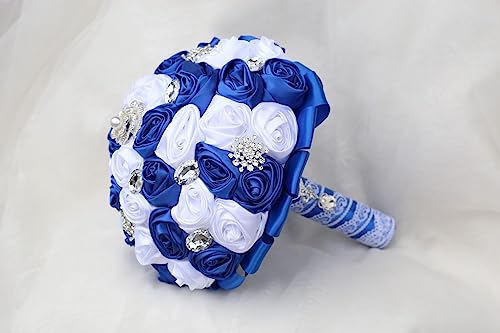 Royal Blue and White Bridal Wedding Bouquet with Silver Brooch Bling Rhinestone Bouquet for Bride Bridesmaid Quinceanera Satin Rose Flower Bouquet Wedding Royal Blue and White 7.5in - color: Royal Blue & White(silver Brooch), size: Diameter: 7.5 inches