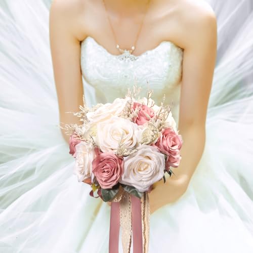 LEIFENY Wedding Bouquets for Bride, Champagne White & Pink Bridal Bridesmaid Wedding Flowers, Artificial Toss Rose for Civil Ceremony (Jute Rope Handle) - color: Champagne White & Pink