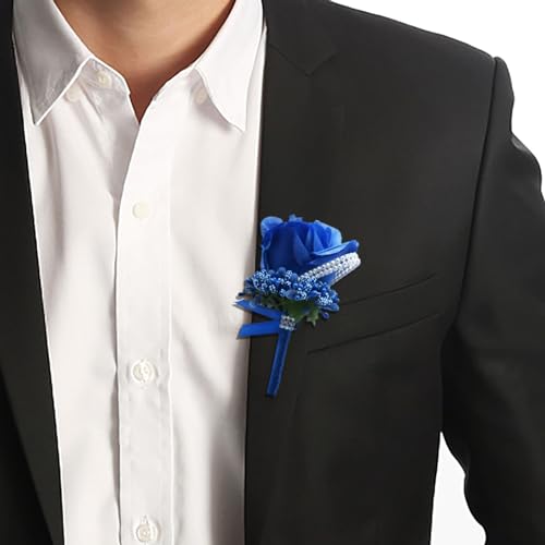Boutonniere for Wedding Groom 2pcs Royal Blue Rose Groomsmen Best Man Father Suit Lapel Flower Button Hole Artificial Flower with Gold Ornament for Prom Homecoming, Tea Party, Formal Dinner - color: Royal Blue Boutonnirere