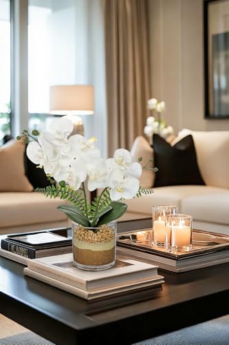 Oairse White Orchids Artificial Flowers with Vase Faux Orchids Plant in Pot | 13.7“ Phalaenopsis Orchid Flower Arrangements White Centerpiece for Kitchen Dining Room Table Bathroom Shelf Desk Decor - color: White Orchid & Brown Sand