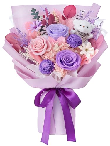 Polylove Preserved Flowers for Delivery Prime Forever Flowers Bouquet with Bear Flower Gift for Wife Women Birthday