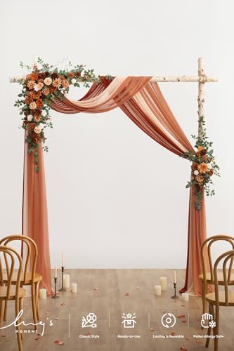Ling's moment Wedding Arch Flowers with Drapes Kit-Pack of 5, 2pcs Flower Arrangements 3pcs Sheer Hanging Drapes Ceremony Arbor Backdrop Artificial Rose Floral Decor, Terracotta & Burnt Orange - color: Or-terracotta & Burnt Orange