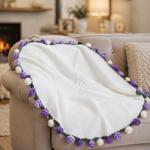 Crochet Flower Bouquet Throw Blanket, Cute Romantic Gift for Her Girlfriend Mom Mother’s Day Valentine Wedding Anniversary Birthday (Purple, 40 inches) - color: Purple, size: 40 inches
