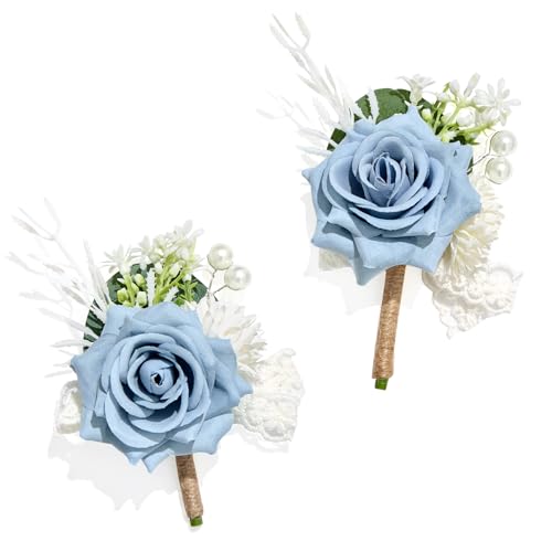 Serwalin 2 Pcs Blue Boutonniere for Men, Groom Groomsmen Best Man Guest Boutonnieres，Artificial Flowers Silk Rose for Wedding Prom Ceremony Anniversary Party Homecoming - color: Blue, size: Boutonniere 2pcs