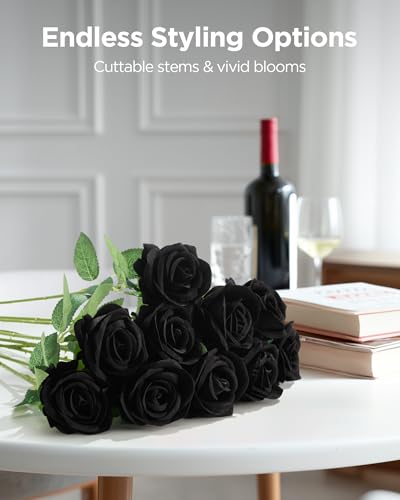 InnoGear 50 Pcs Black Roses Artificial Flowers, Fake Velvet Silk Rose Bulk Faux Flower for Decoration DIY Wedding Centerpieces Proposal Bridal Bouquets Shower Party Home Floral Decor (50, Black) - color: Black