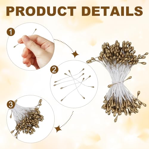 PATIKIL 3mm Double Heads Flower Stamen, 150 Pcs Artificial Flower Stamen Pistil Matt Pearl Floral Stamen for DIY Christmas Card Wedding Decoration, Gold Brown - color: Gold Brown