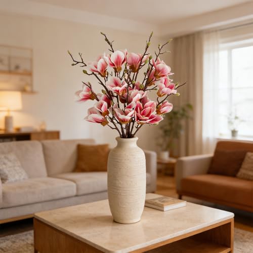 2 PCS 35inch Artificial Magnolia Flowers 3D Real Touch 10 Heads Faux Magnolia Flowers Realistic Long Stem with Green Leaves for Home Wedding Table Office Floral Arrangement Decoration (Pink) - color: Pink, size: 2 PCS