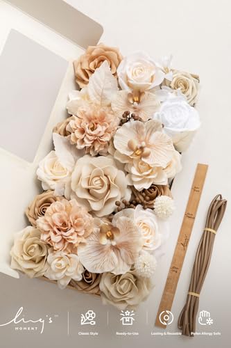 Ling's moment Fake Flowers Box, Faux Artificial Greenery Stems Foam Roses Gardenias Silk Orchids Fabic Flower for Centerpieces Bouquet Wedding Vase Floral Decorations, Tawny Beige, Deluxe Combo - color: Beg-tawny Beige, size: Deluxe